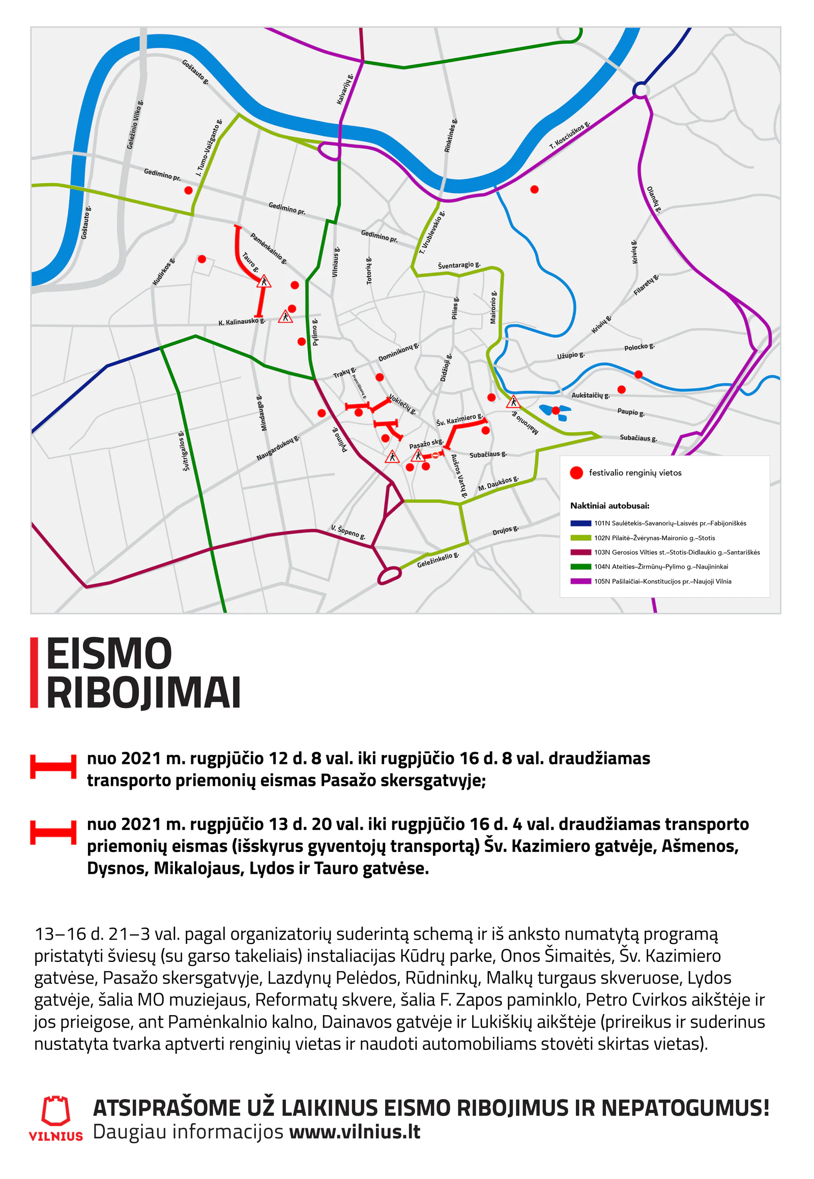 Traffic restrictions map for Vilnius Old Town during the festival